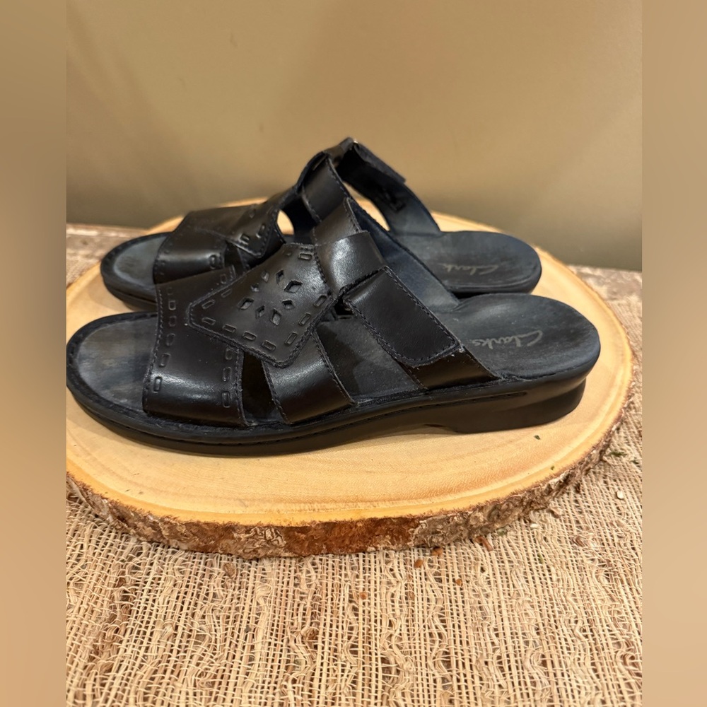 Clarks Bendables Ella Black‎  Women’s Leather Sandals Slides Size 8 EUC